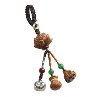 称心如意纯银汽车钥匙扣挂件男女精致桃木莲花随身高档吊坠挂绳饰