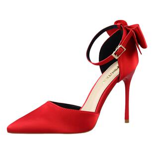 玛美妮大码41—43韩版女鞋细跟高跟浅口尖头绸缎蝴蝶结一字带凉鞋