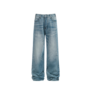 YORAINBOW 早春美式街头猫须蜂窝牛仔裤男款马溜水洗做旧直筒男女