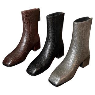 2668-5596方头灰色中跟中筒靴女荔枝纹复古百搭加绒靴子秋冬新款