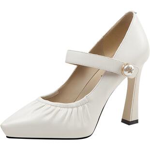 真皮一字带浅口尖头防水台高跟鞋女2025春秋季新款软皮细跟单鞋