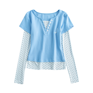 riverstone plus假两件波点音符长袖T恤女春季甜酷修身正肩打底衫