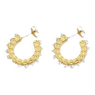 欧美时尚通勤个性优雅气质轻奢风高光珍珠镶嵌纹理环形设计感耳环