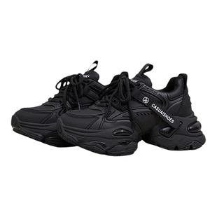 真皮厚底老爹鞋女款2026新款春黑色鞋子松糕运动鞋休闲内增高女鞋