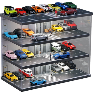 1:64车模展示盒停车场模型车库场景适用多美卡玩具小汽车收纳架