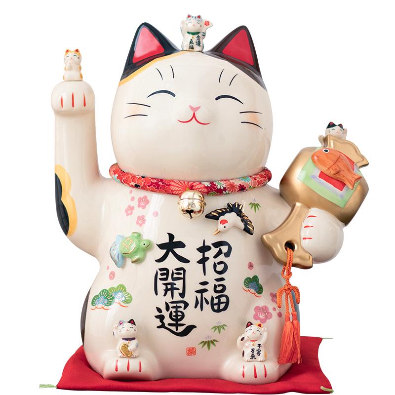 日本药师窑招财猫大号陶瓷摆件