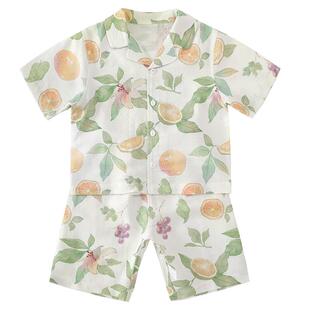 [凉感天竹棉纱布]儿童套装女男童睡衣夏季短袖分体衣服宝宝家居服