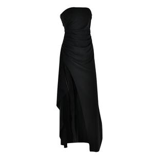kilonova一字肩开衩抹胸长裙女黑色礼服收腰富家千金法式连衣裙