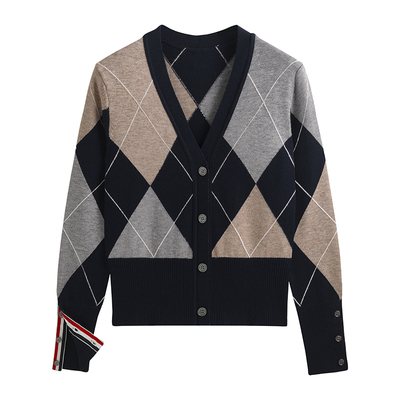 学院风菱格撞色tb针织开衫女