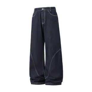 CHAN MONTH美式复古原色牛仔裤男款高街秋冬潮牌宽松阔腿拼接裤子