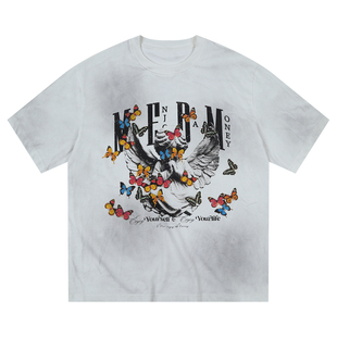 MEDM 天使蝴蝶水洗短袖休闲圆领T恤男女夏季美式嘻哈潮牌体恤tee