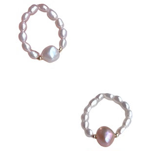 天然淡水真珍珠指环戒圈小珠弹力绳女款ins小众高级感强光叠戴金