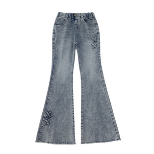 女童加绒裤子冬装儿童加厚微喇牛仔裤中大童女孩一体绒修身喇叭裤