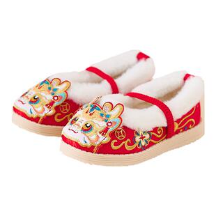 女童汉服棉鞋冬季儿童加绒加厚古风绣花鞋宝宝保暖新年红色古装鞋