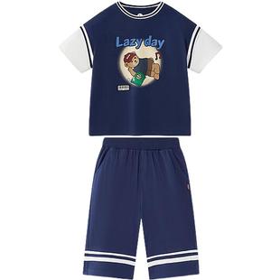 马骑顿套装男大童夏季运动假两件短袖T恤五分运动裤两件套