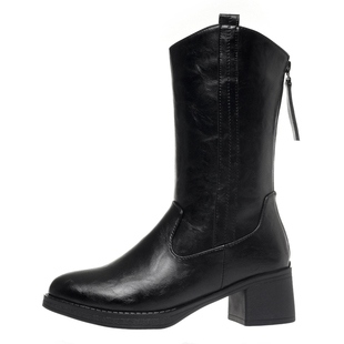 真皮女靴子中筒靴冬季女鞋羊毛棉靴中年女士中跟粗跟加绒妈妈棉鞋