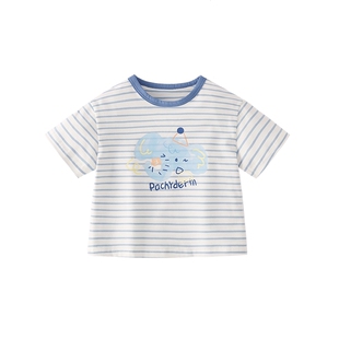 儿童条纹短袖T恤夏季2026新款女童纯棉宽松透气上衣男童印花夏装