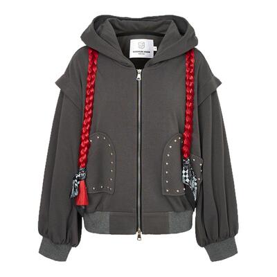 铆钉爱心口袋连帽外套辫子卫衣