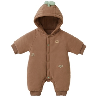 【小绿芽】papa爬爬冬季新品婴儿连体衣夹棉加厚连帽男女宝宝爬服