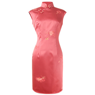 品尚华服量身定制款淑女风日常约会显白甜美粉红刺绣真丝短旗袍裙