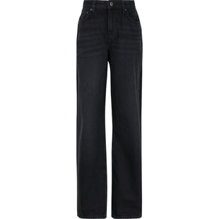 【折扣】KSUbi女士刺绣高腰黑色棉质宽松直筒牛仔裤