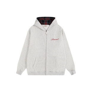 ATRY连帽卫衣外套男秋冬国潮牌美式复古格纹情侣加绒厚拉链开衫女