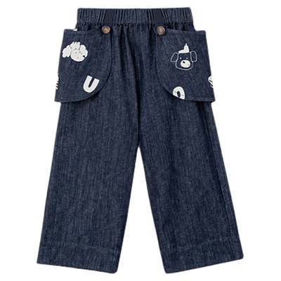 与虫UCNOO春季儿童屁帘印花牛仔裤格子拼接牛仔裤男童女童休闲裤