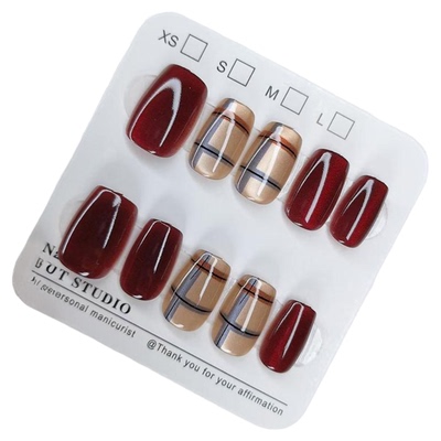 穿戴甲棋盘格酒红高质量猫眼显白