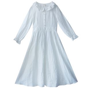 现货【白雾与风】白色亚麻连衣裙女春长袖2025新款设计感长裙气质