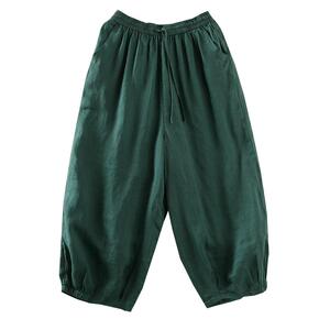 千秋飞燕纯色休闲苎麻灯笼裤女夏季新款宽松系带薄款九分哈伦裤子