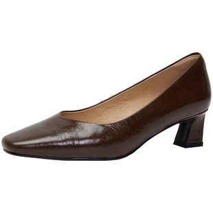 百田森黑色工作鞋头层牛皮女鞋气质单鞋女2025新款真皮方头皮鞋