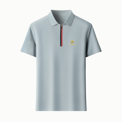 皮尔卡丹高端男士桑蚕丝短袖T恤半高拉链翻领休闲polo衫上衣
