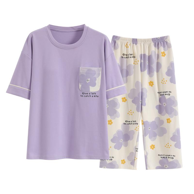 北极绒带胸垫睡衣女夏季短袖纯棉七分裤薄款韩版可爱家居服两件套