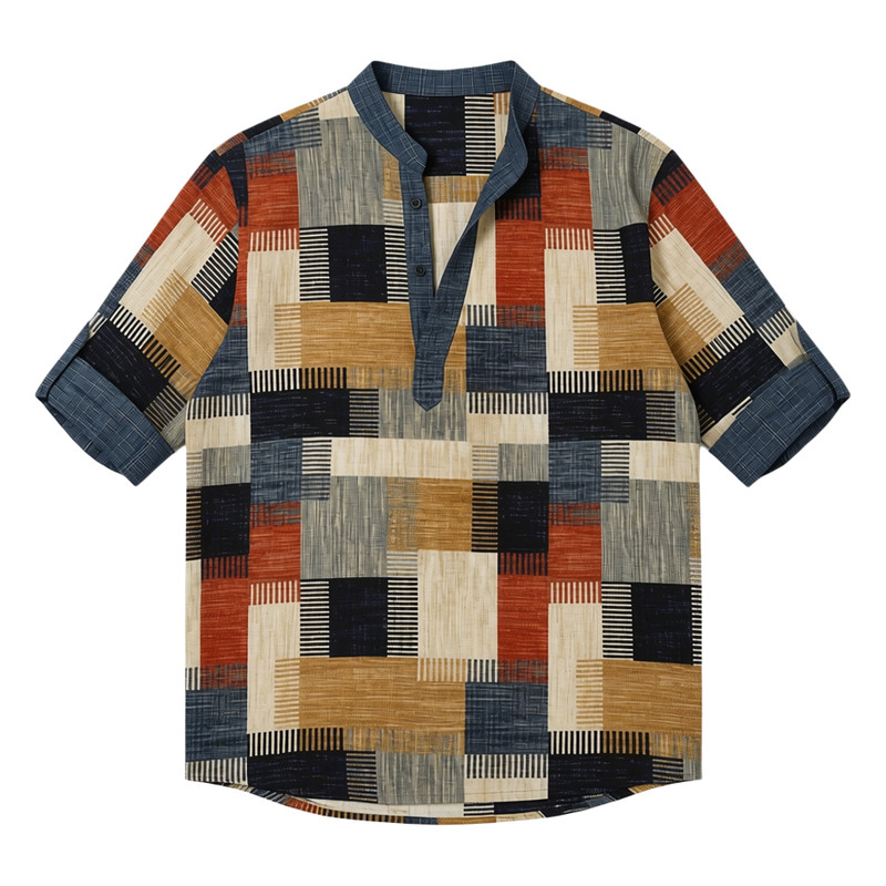 男士立领方格拼接长袖抽绳系带衬衫Standing collar check shirt