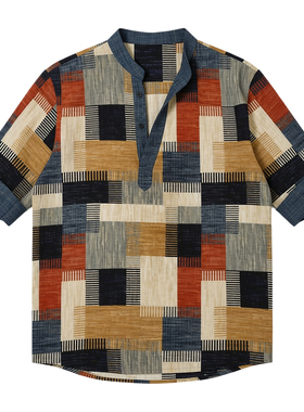 男立领方格拼接长袖衬衫