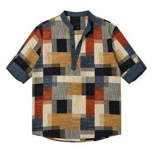 Men's standing collar checkered shirt 男立领方格拼接长袖衬衫