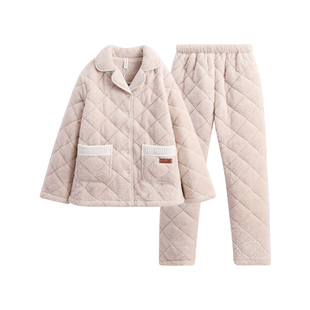 芬腾女士睡衣秋冬季珊瑚绒三层夹棉加绒加厚女款套装抗静电家居服