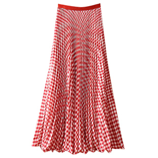 超火长款红色格子半身裙女秋冬2025款鱼尾大摆A字百褶格纹长裙子