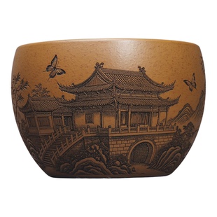 宜兴紫砂杯纯全手工主人杯原矿黄段泥刻绘福山寿海图品茗杯单杯