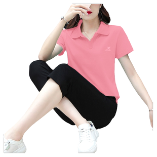 特步运动套装女夏季新款女装官方正品POLO衫短袖透气休闲七分裤女