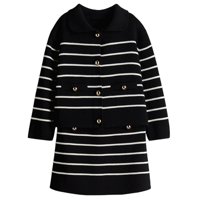 HM童装女童套装2件式2025年秋季细针织圆角领上衣A字裙1298291