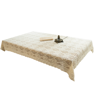 法式小菱形棉线镂空桌布美式乡村米色复古钩针成品盖巾菱格花朵