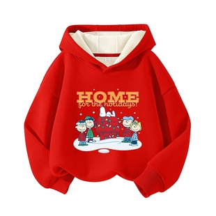 史努比圣诞衣服儿童元旦演出服2026新款男孩红色冬装男童加绒卫衣