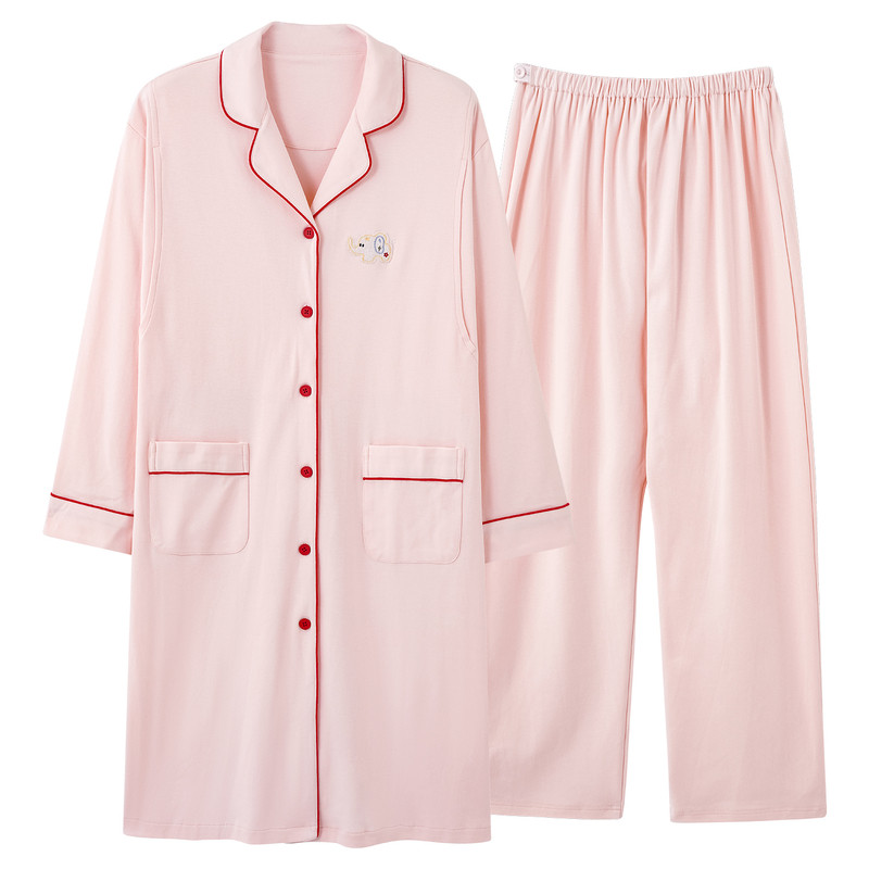 月子服春秋产后哺乳期纯棉睡衣女士孕妇翻领家居服睡裙套装中长款