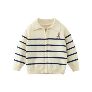 齐齐熊男童毛衣开衫翻领条纹春秋款宝宝外套春装上衣外穿中小童女