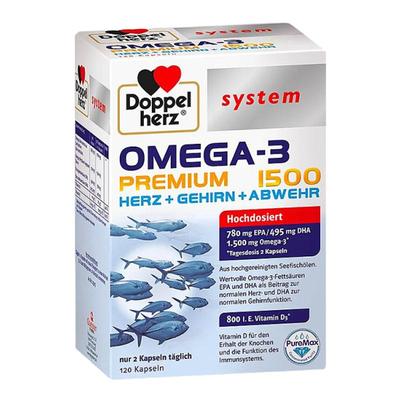 欧洲直邮德国药房Doppelherz双心Omega3胶囊120粒深海鱼油护心脑