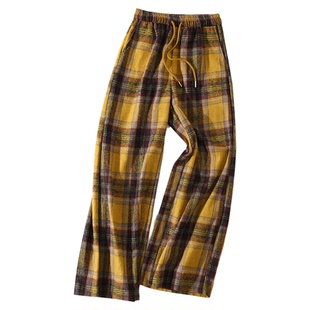 大于诗集 格调派对 美式复古宽松显瘦直筒裤女抽绳格子呢料休闲裤