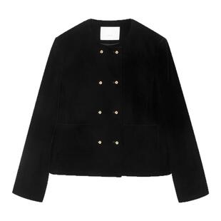 OVV2025秋冬新款女装经典圆领丝绒奢华光泽正肩夹克外套