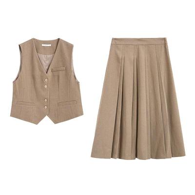 紫涵英伦学院风复古马甲背心中长款百褶裙两件休闲套装女秋季新款