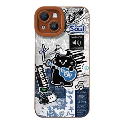 荣耀POWER2吉他黑猫咪适用iPhone13苹果12创意一加ACE6瞳眼14ProMax软卡通小米17手机壳16PLUS可爱华为NOVA15